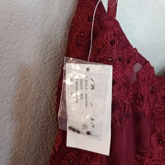 Blondie Nites Elegent cherry Red Satin/embrodery V Neck Evening Gown sz 15 Fairy - Picture 16 of 17